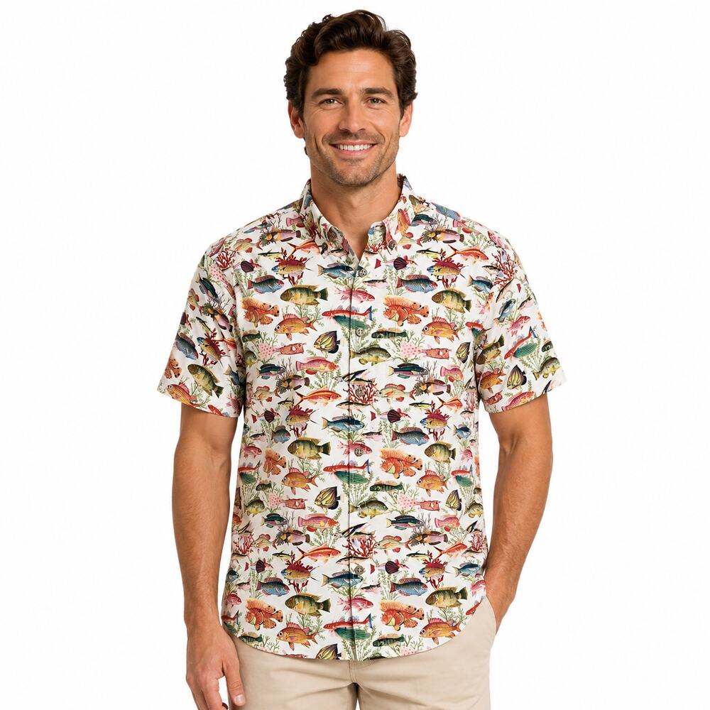 Yiume Men's Tan Hawaiian Multicolor Fish Print Button Front Shirt